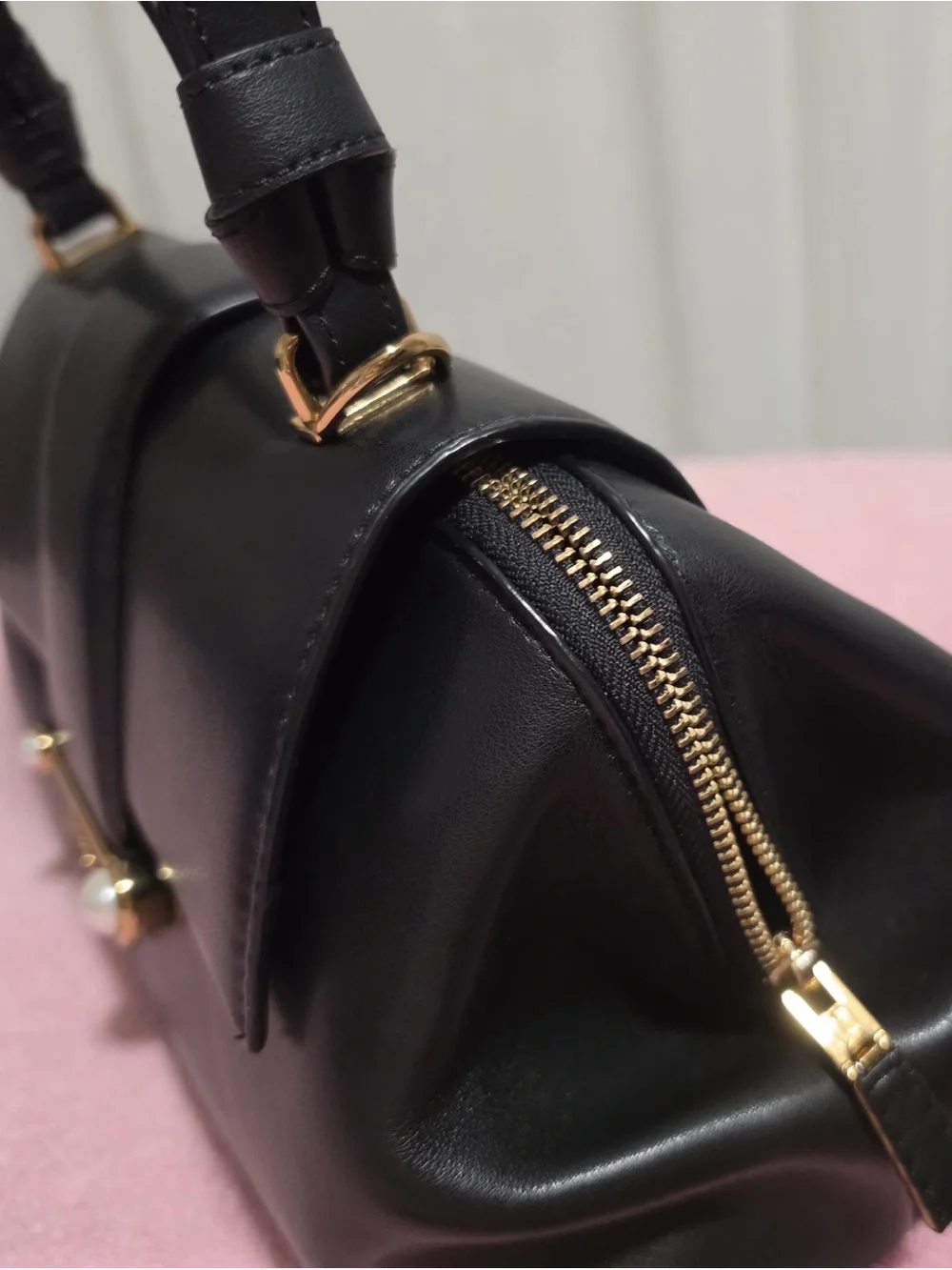 Karl Lagerfeld Black Leather Satchel with Pearl and Gold Accents - Picture 13 of 13
